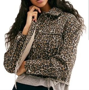 FREE PEOPLE Leopard Denim Cropped Jacket sz L